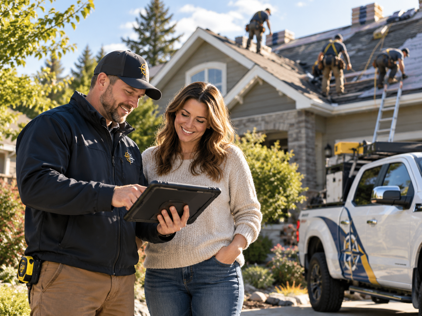 Project manager presenting photo-backed digital roof estimate and shingle options to homeowner on a tablet with roofing crew working in background