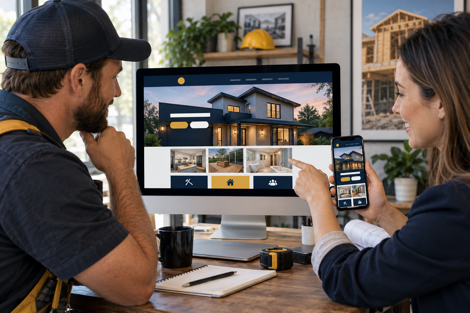 Trade business owner and digital designer reviewing high-converting Smartsite contractor homepage on desktop and mobile screens
