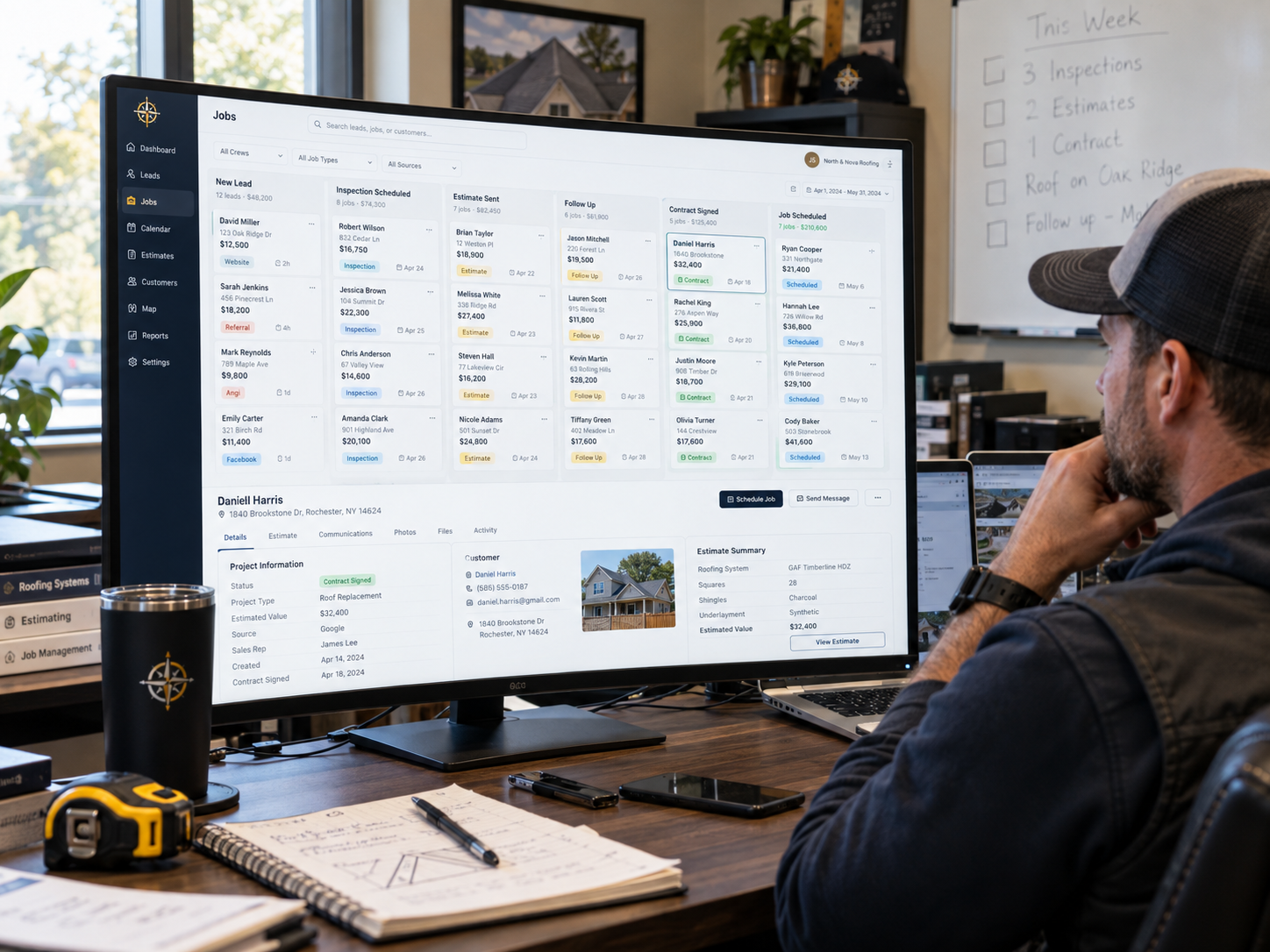 Roofing job management pipeline showing leads, scheduled inspections, sent estimates, and signed contracts