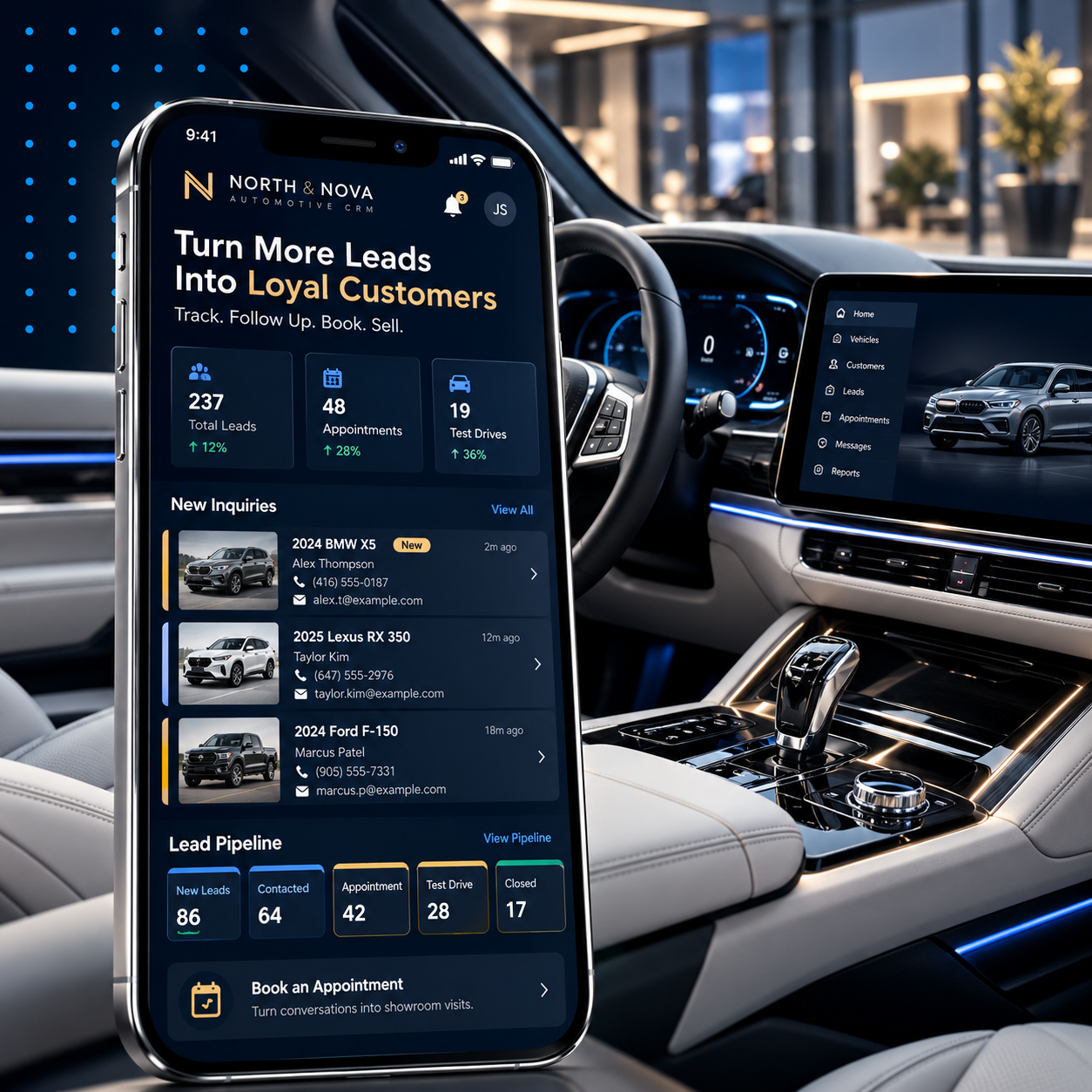 North & Nova Automotive CRM mobile app displaying vehicle inquiries, appointments, and test drives