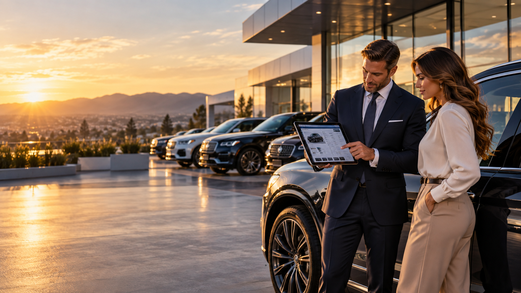 Dealership salesperson reviewing vehicle inventory and lead details on a tablet with buyer on the showroom lot at sunset