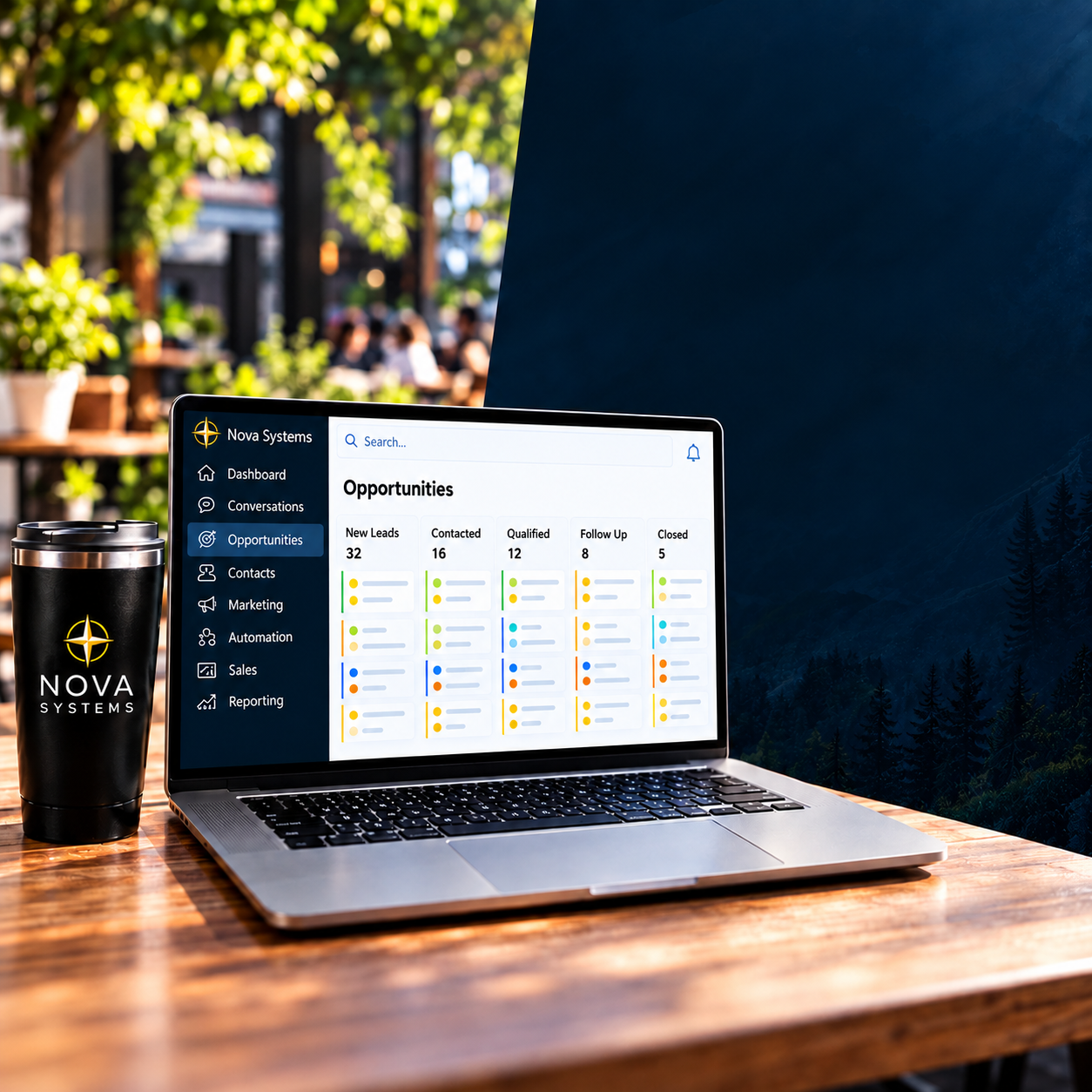 Nova Systems Opportunities Dashboard on laptop with branded travel mug
