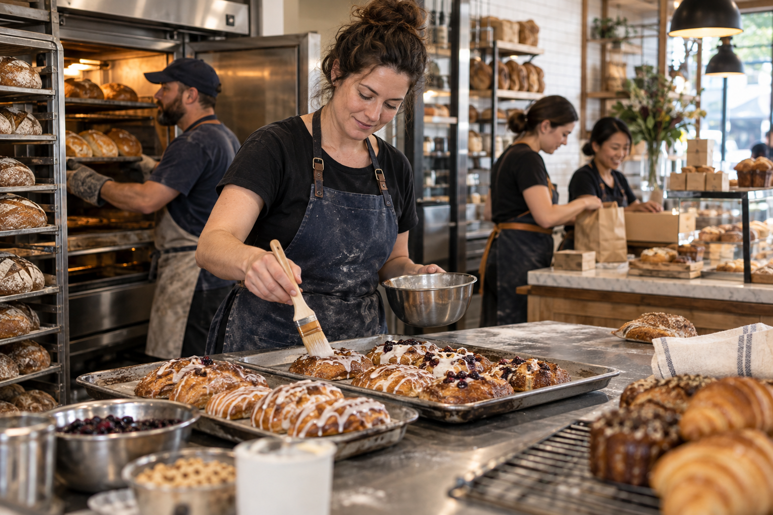Artisan baker applying glaze to fresh morning pastries and baked goods in commercial bakery kitchen with team baking bread and packing orders
