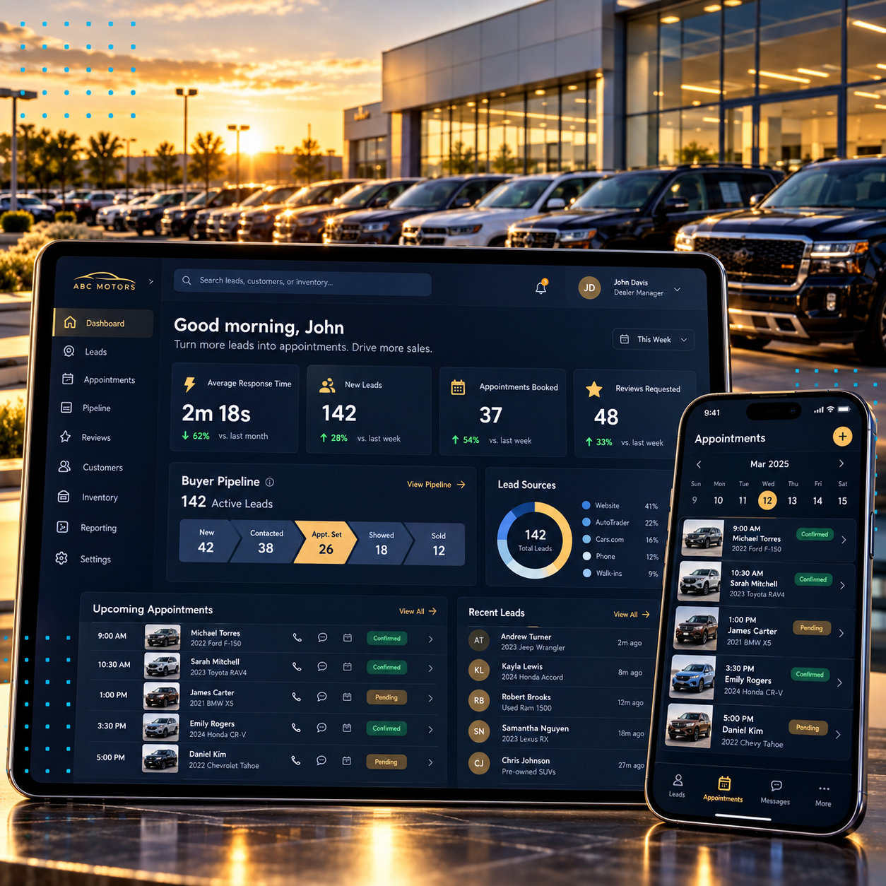 Dealership command center tablet and smartphone dashboard showing real-time response time and buyer pipeline