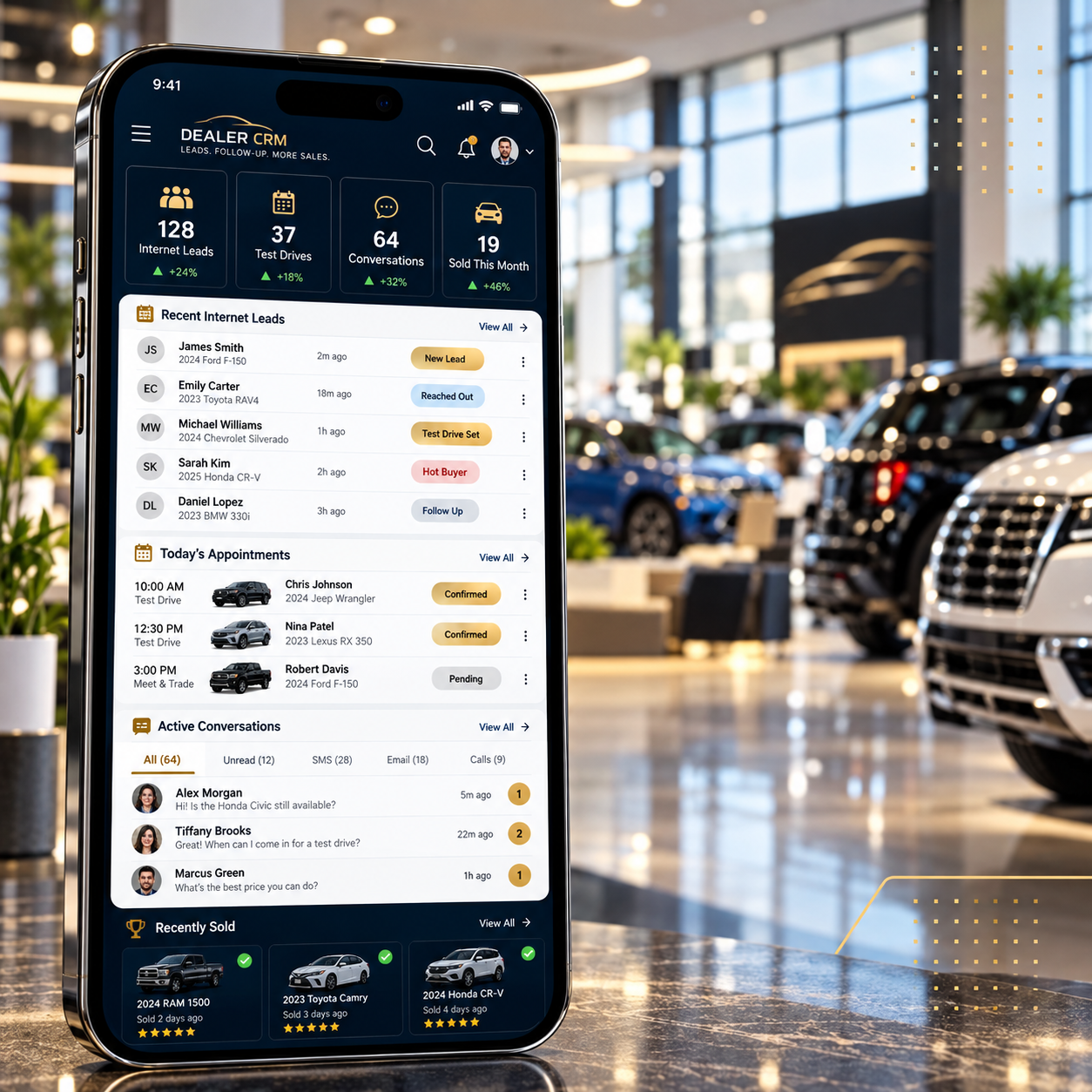 Dealership sales app showing today's appointments, active conversations, and recently sold vehicles with 5-star reviews