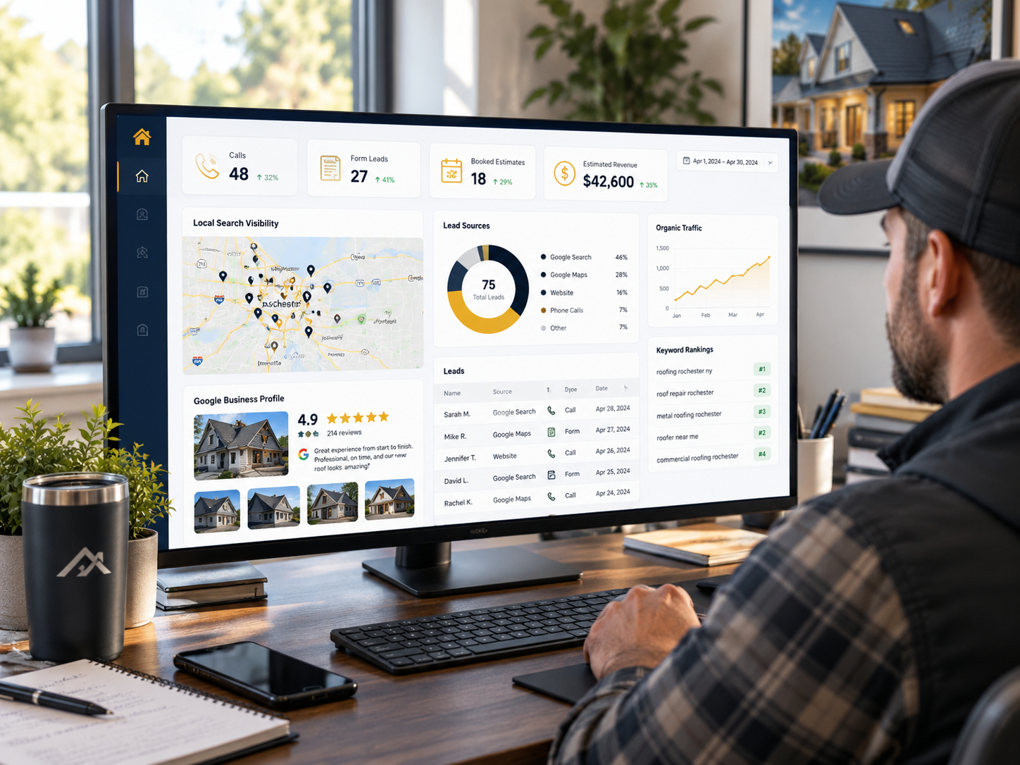 Owner at office desk reviewing local search visibility map, keyword rankings #1 for roofing rochester ny, booked estimates, and lead source breakdown
