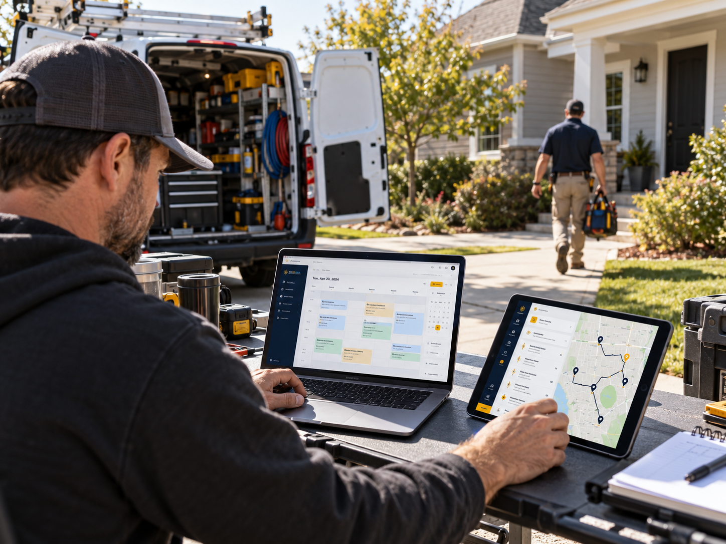 Field technician and dispatch coordinator managing schedule calendar and territory route map from the tailgate of a service van