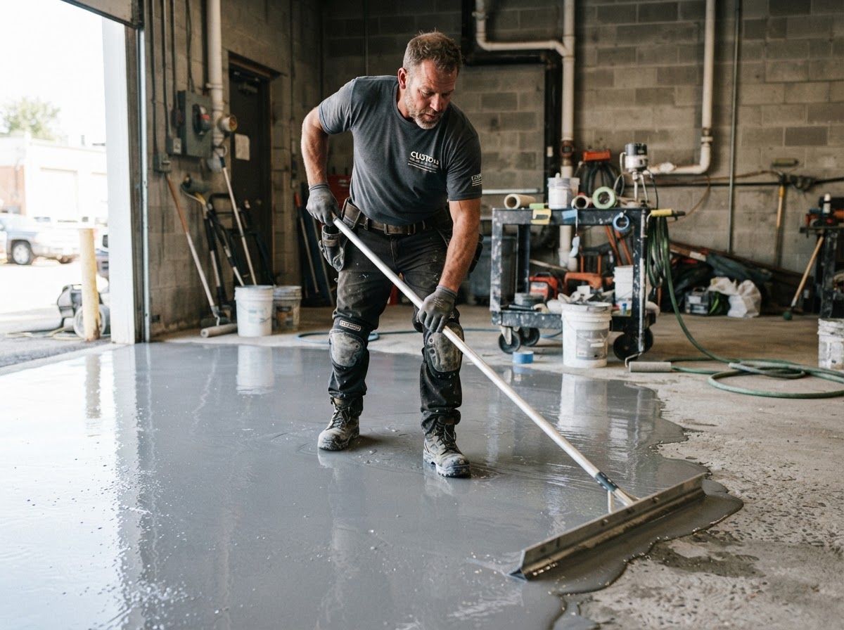 Mark, founder of Floor Coating Professionals, applying epoxy coating to a garage floor