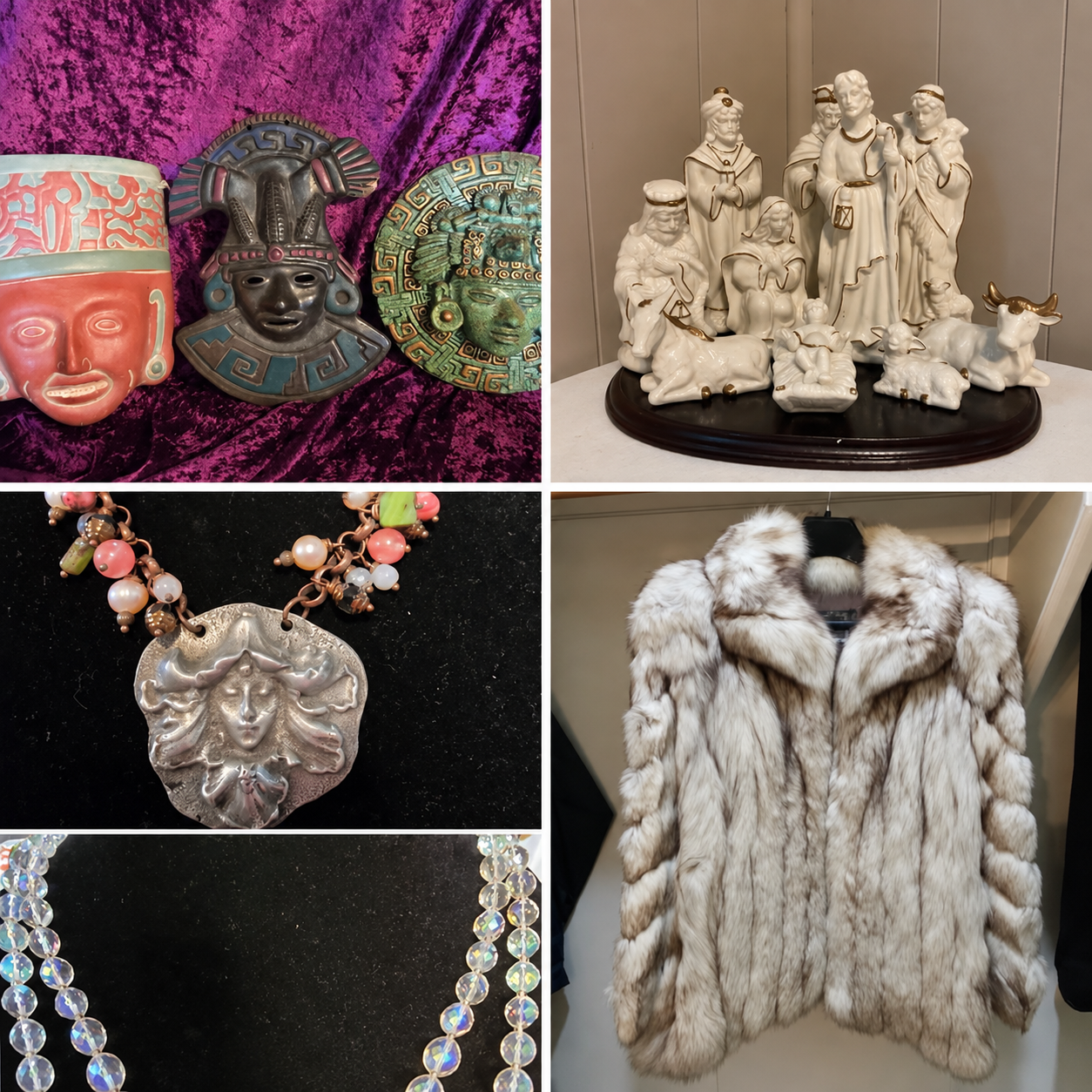Curated estate sale treasures including pottery, collectibles, jewelry, and fine outerwear