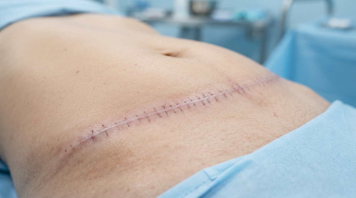 Cicatriz quirúrgica en fase de recuperación postoperatoria con marcas de sutura