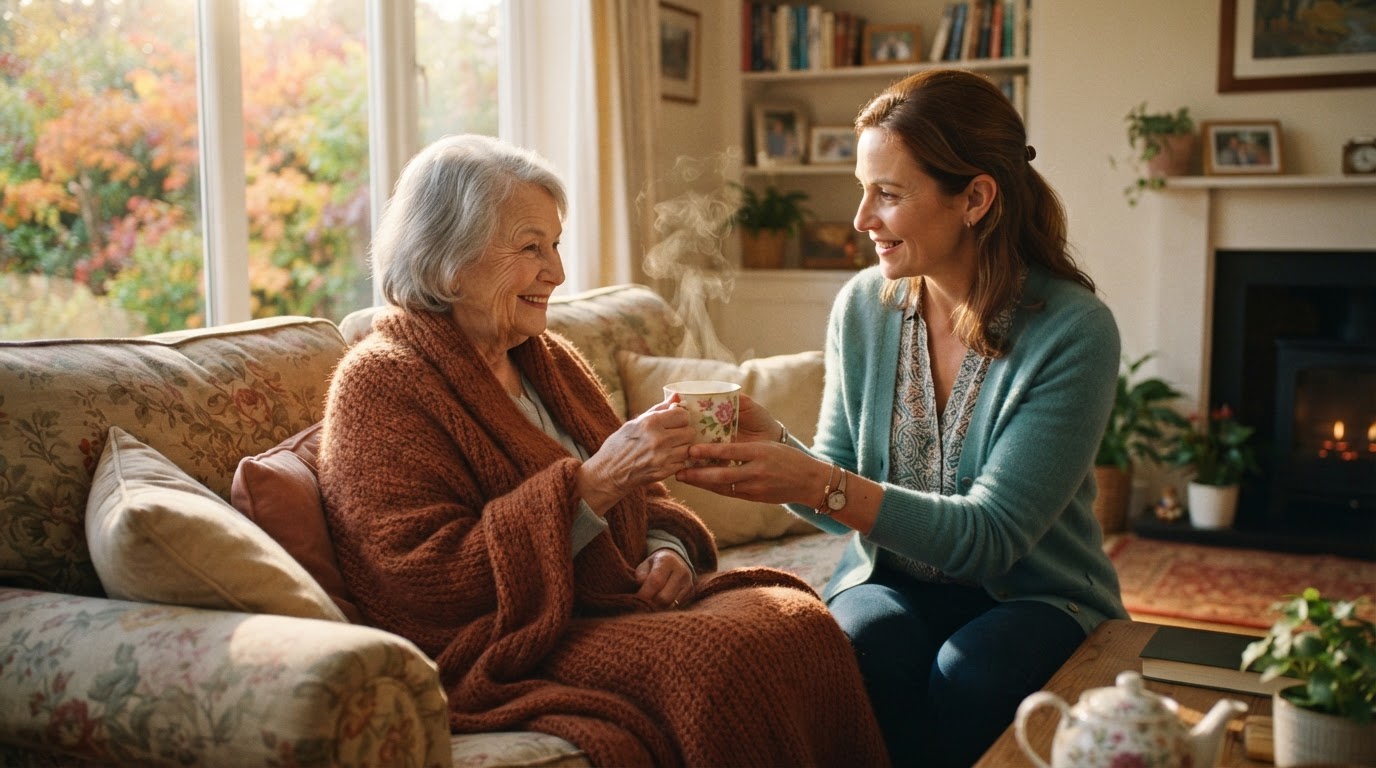 Caregiver offering a cup of hot tea to a senior woman wrapped in a blanket on a sofa during autumn, illustrating caregiver wellness during flu season