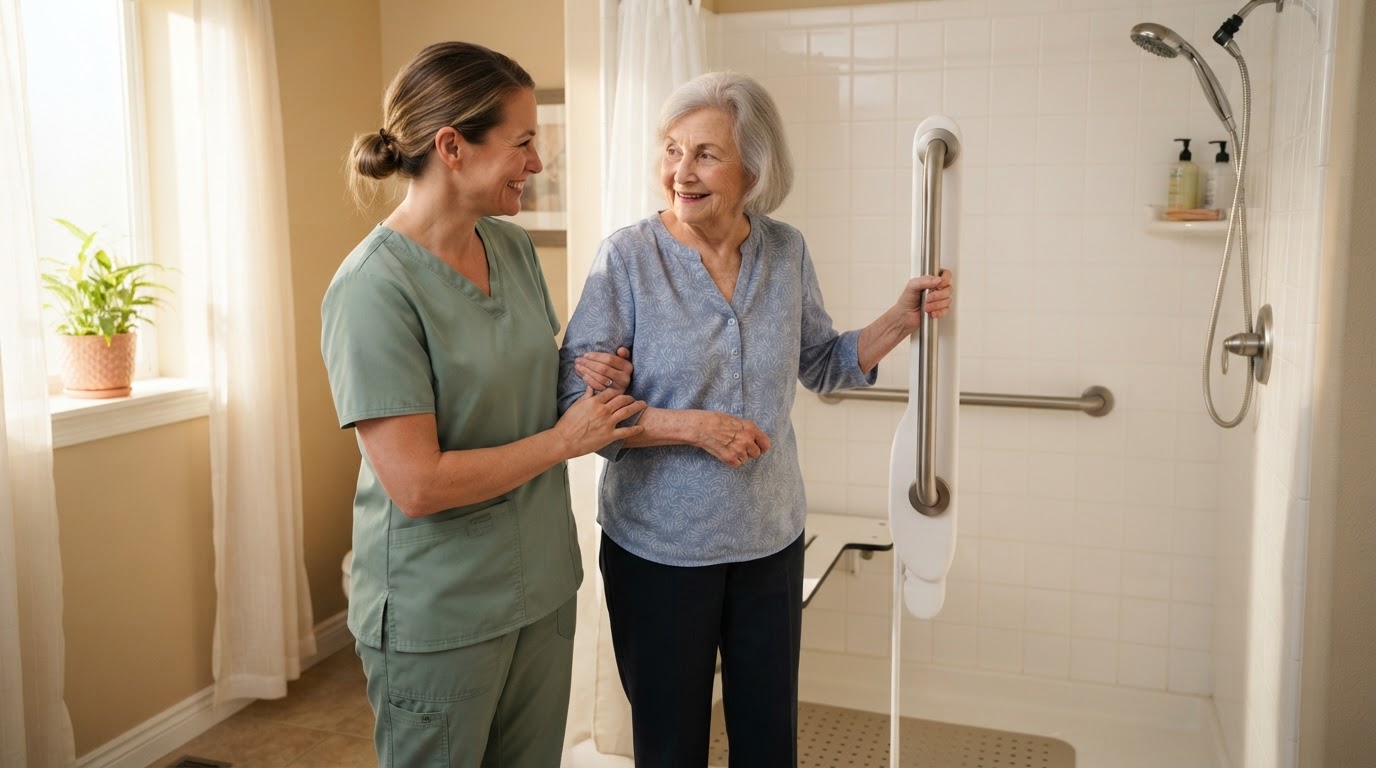 Caregiver gently steadying a senior woman's arm near a bathroom grab bar in a sunlit home, illustrating fall prevention for seniors