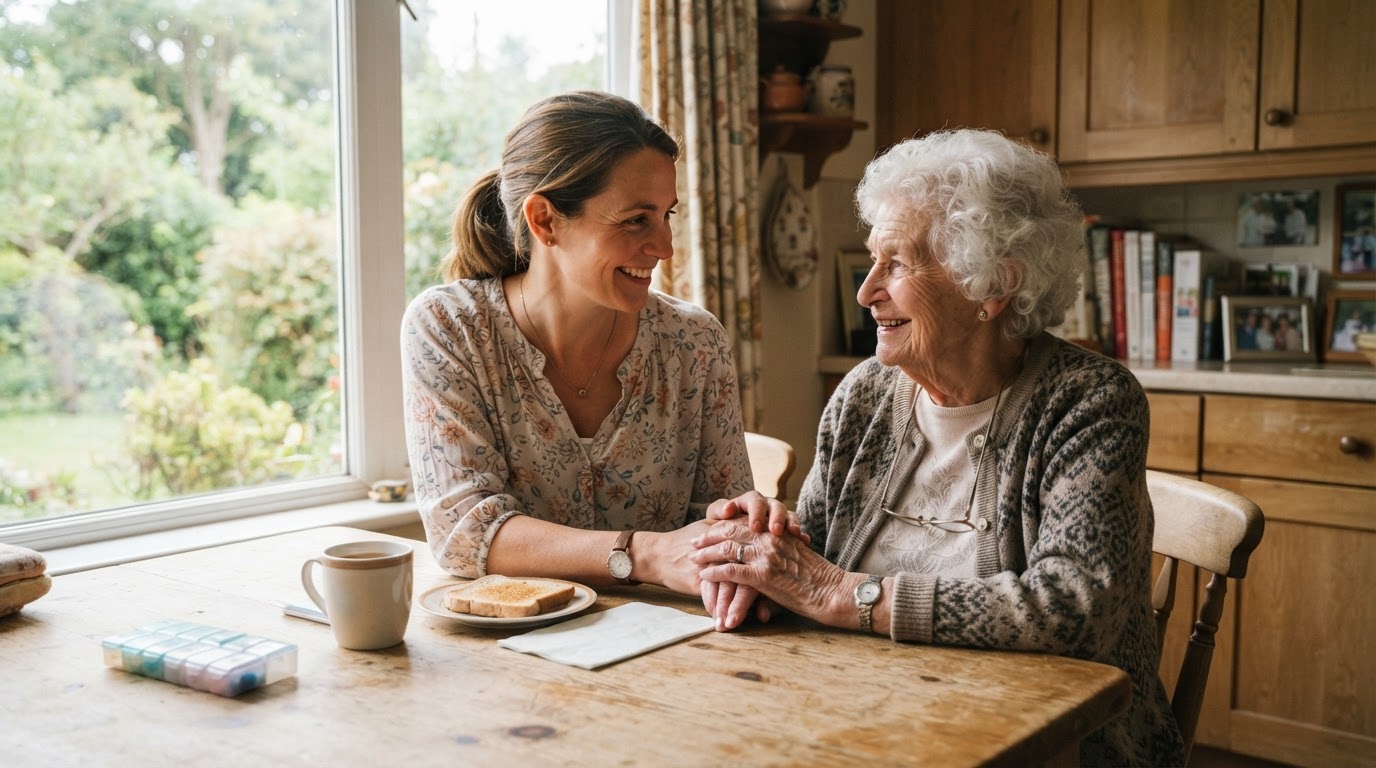 Compassionate caregiver sitting beside a senior woman at a sunlit kitchen table, gently holding her hand