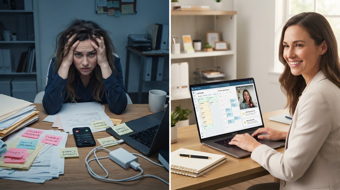 Before and after: missed leads and scattered notes versus one organized growth system with booked appointments, reviews, and referrals