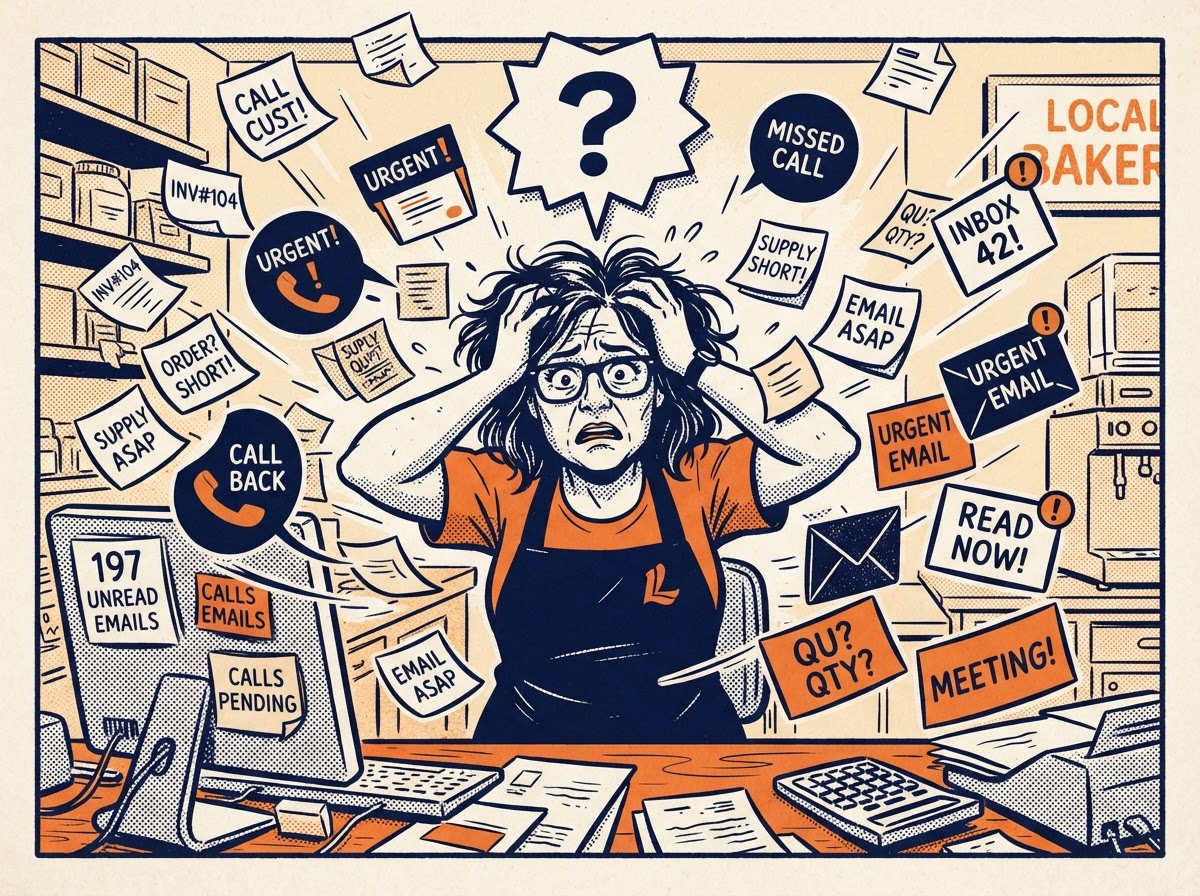 A business owner surrounded by scattered notes, missed calls, unread emails and a thought bubble