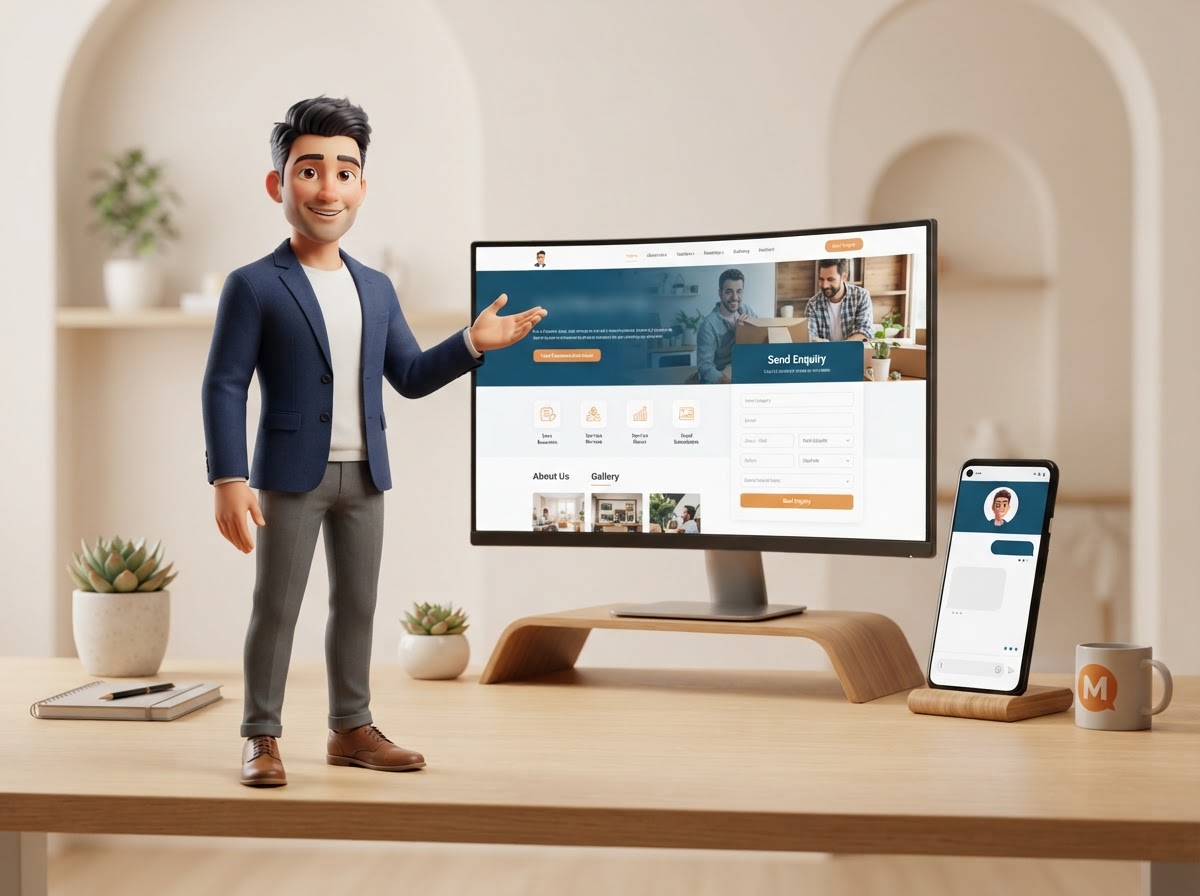 Max beside a website with enquiry form and chat panel