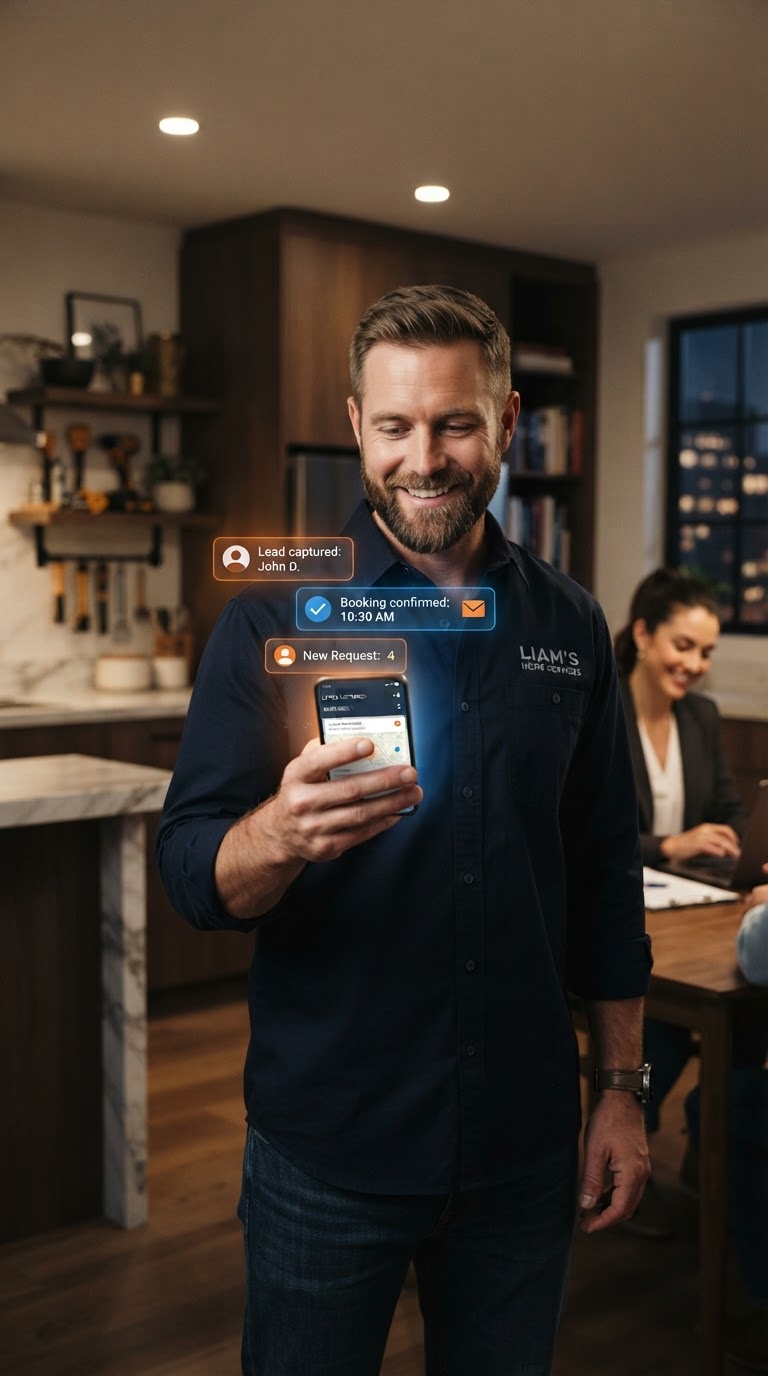 Confident local professional receiving leads and closing appointments with an AI growth-system overlay