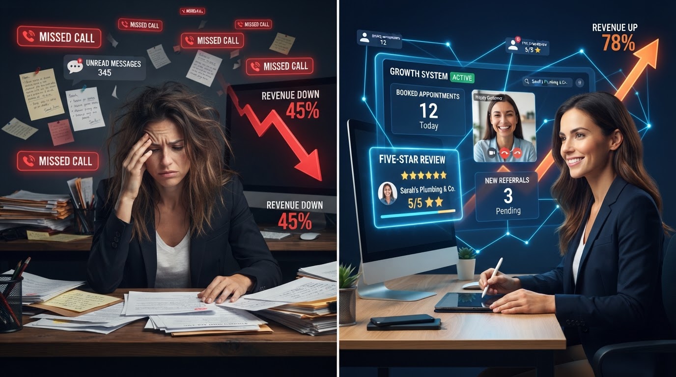 Before and after: missed leads and scattered notes versus one organized growth system with booked appointments, reviews, and referrals