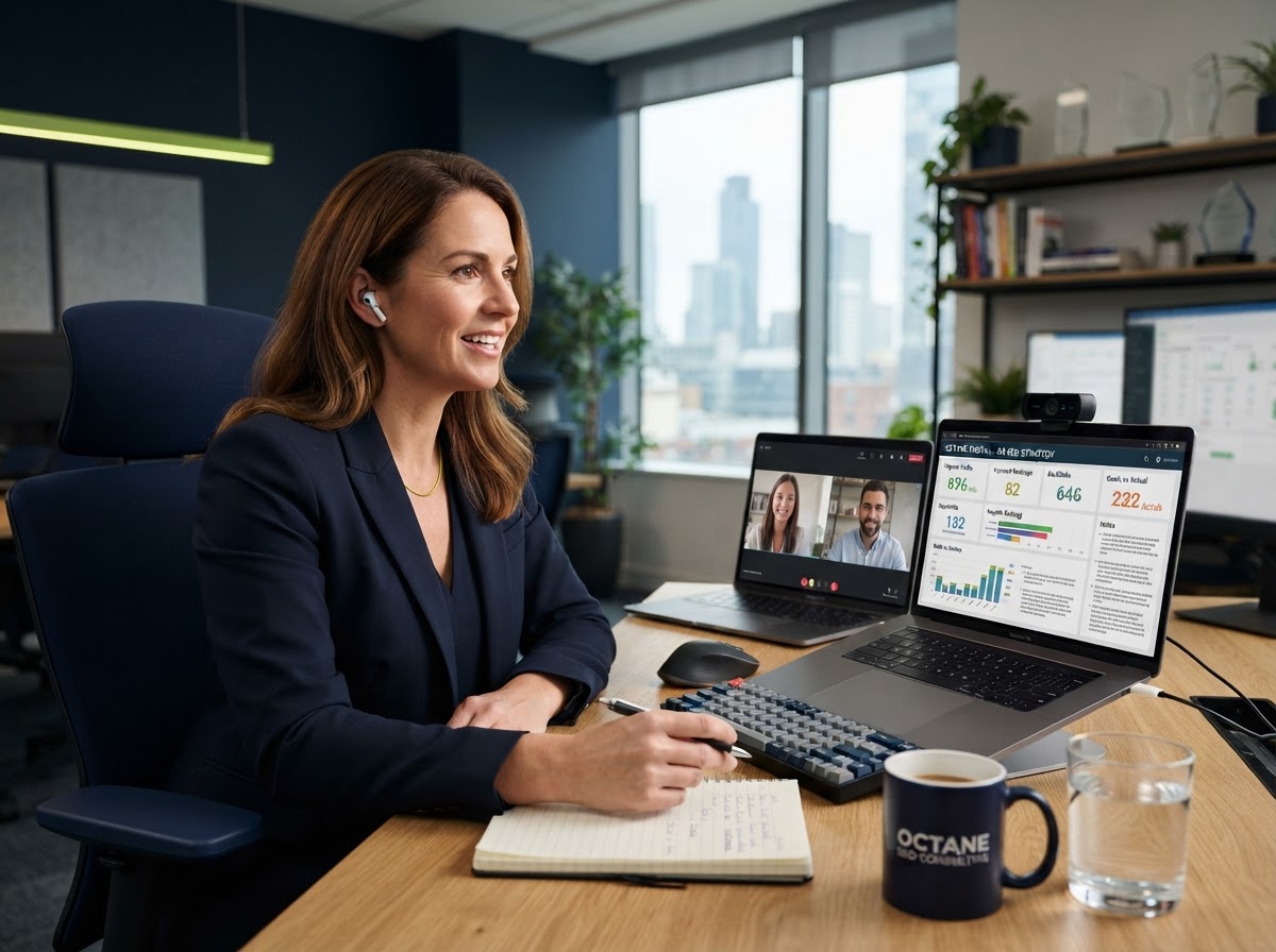 SEO consulting — senior strategist on a video consultation call with strategy dashboard
