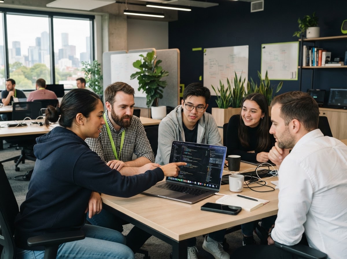 A SaaS startup team collaborating around a laptop in a modern minimalist office