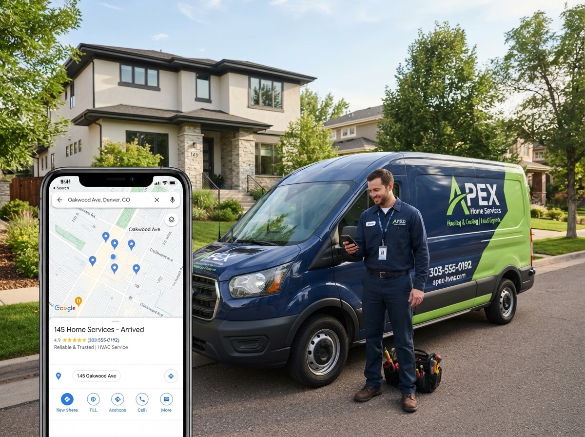 Local SEO services — HVAC service van and Google Maps local search for nearby customers
