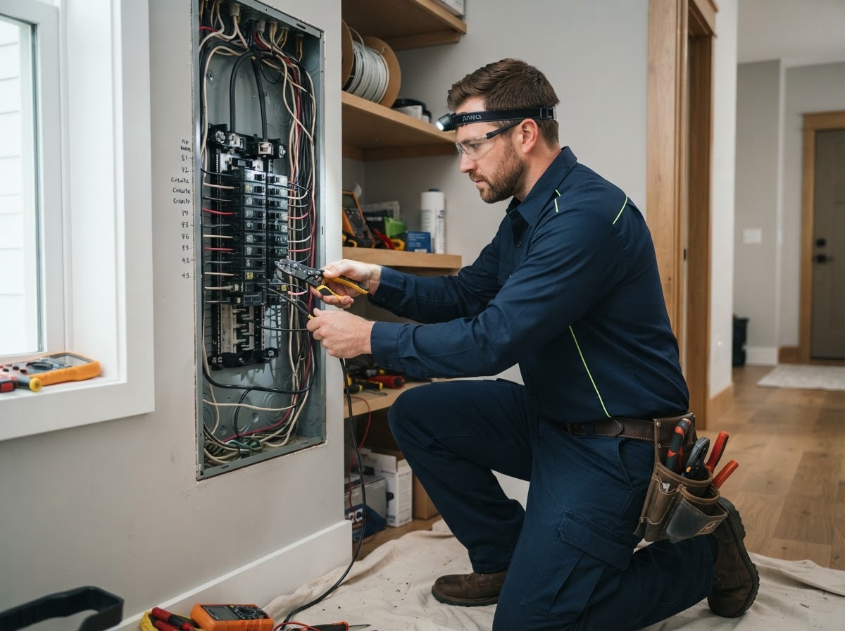 An electrician working on an electrical panel inside a modern home