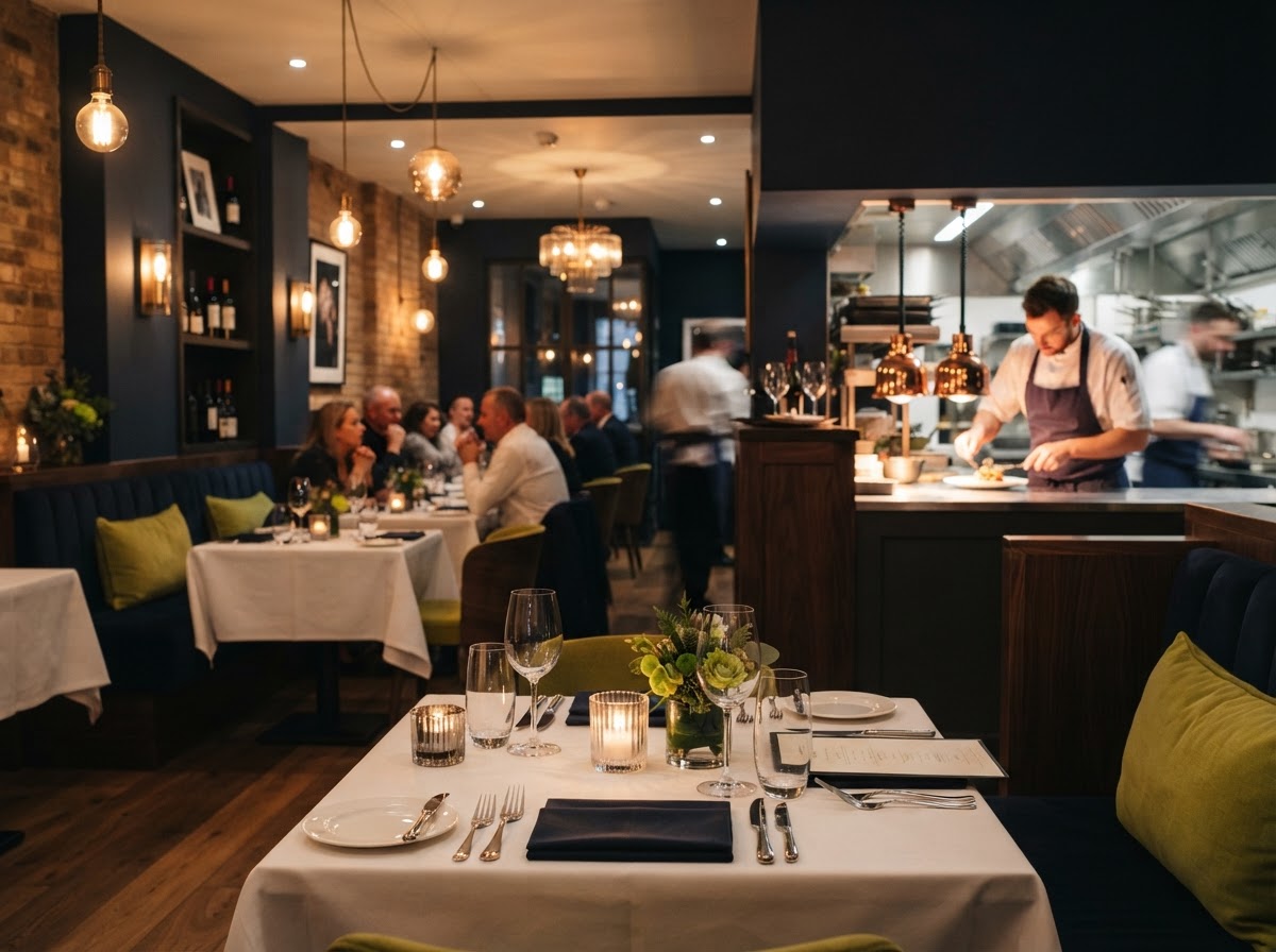 An elegant modern restaurant interior at evening service