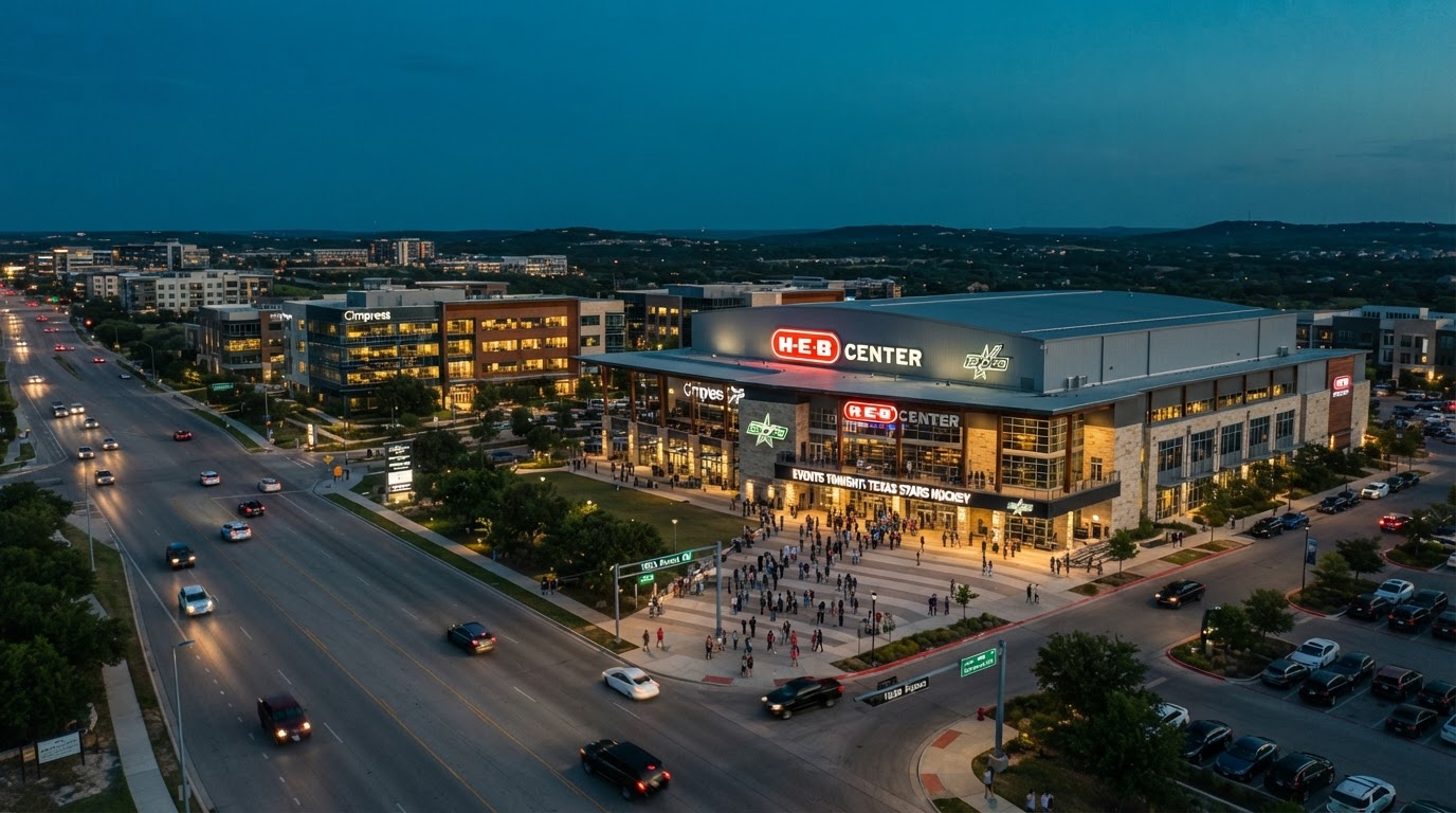 Cedar Park, Texas entertainment and tech district with arena and office park at dusk