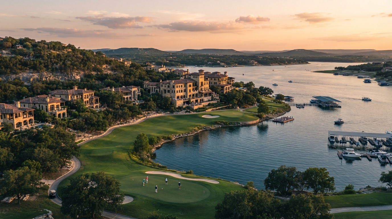 Lakeway, Texas lakefront resort community on Lake Travis at golden hour