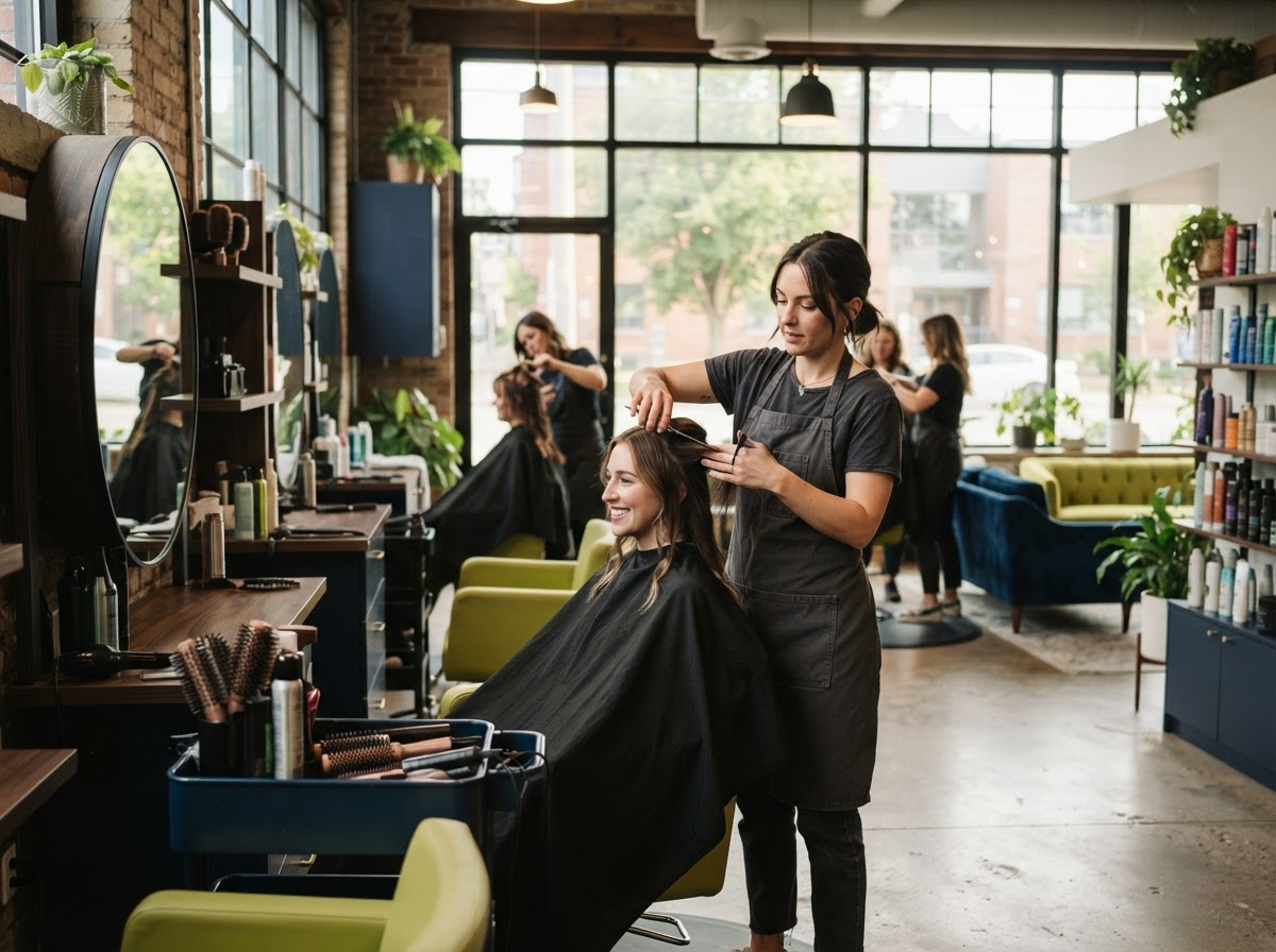A modern beauty and wellness salon interior with a stylist at work