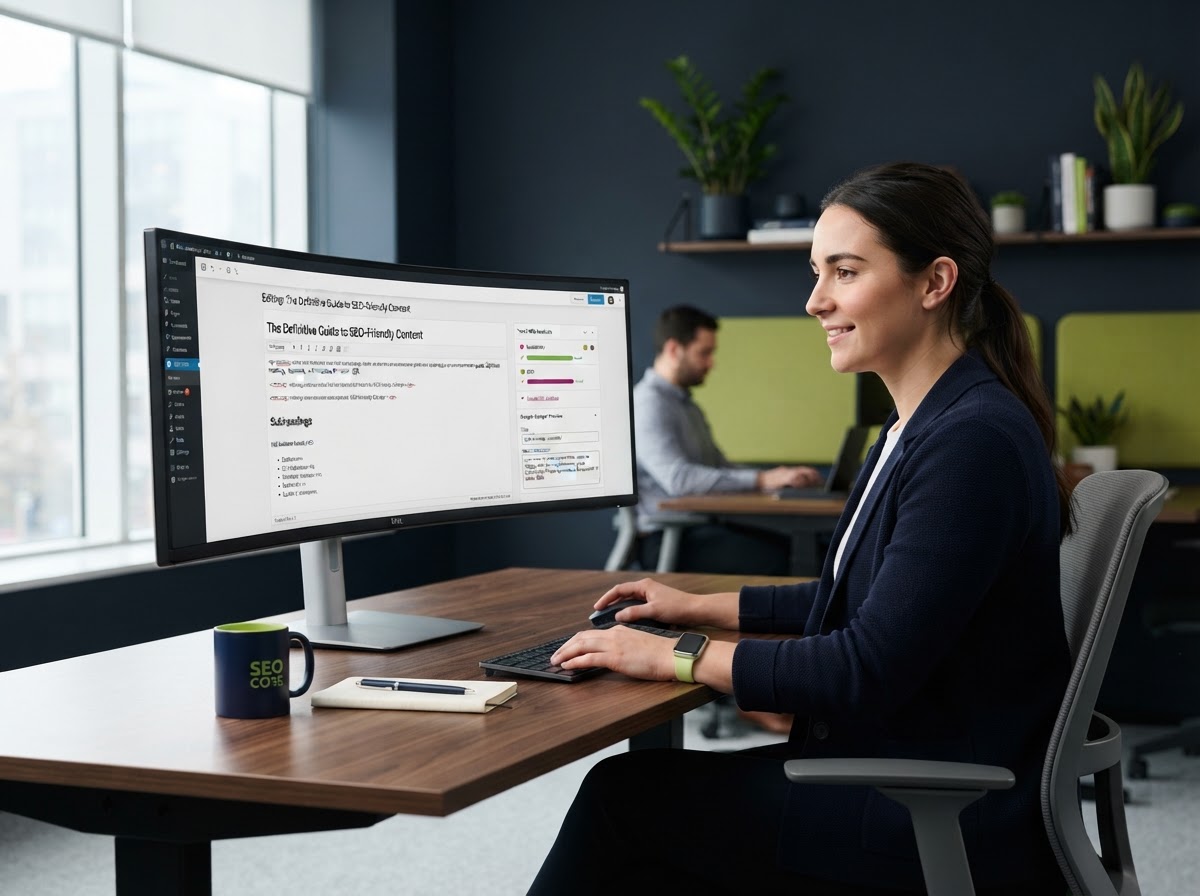 An SEO specialist reviewing page content, headings, and metadata on a large monitor