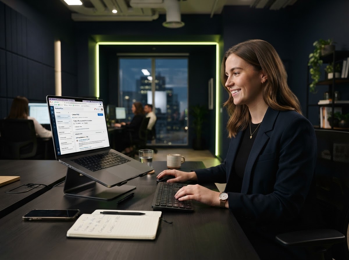 A digital PR specialist researching authority websites and outreach opportunities on a laptop