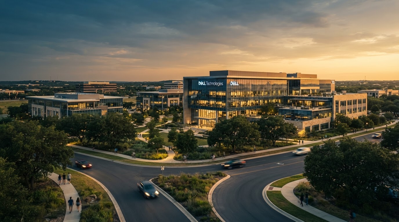 Round Rock, Texas business district with modern corporate office buildings at golden hour