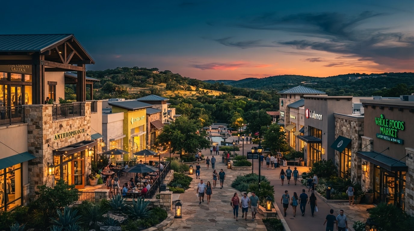 Bee Cave, Texas upscale Hill Country Galleria retail and dining district at evening
