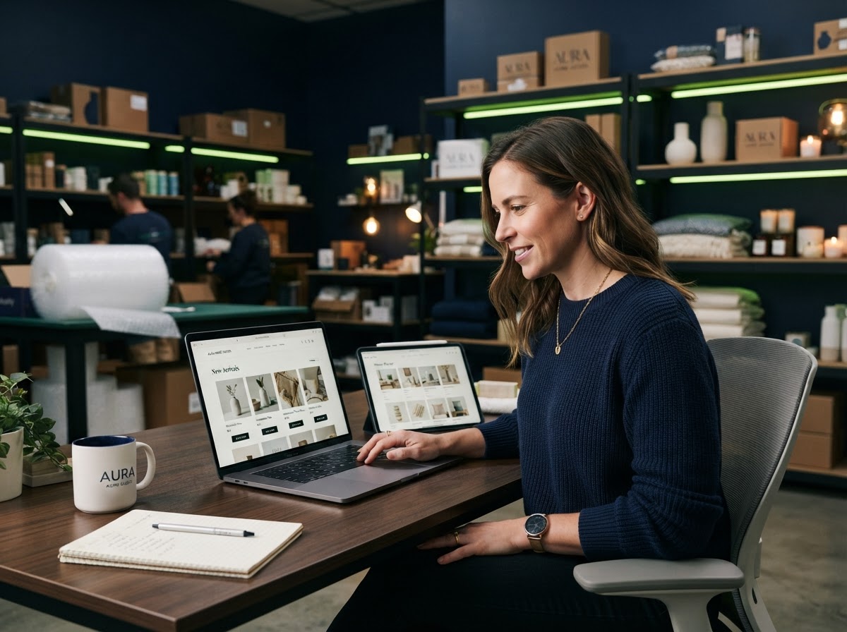 An e-commerce owner reviewing product category pages on a laptop and tablet