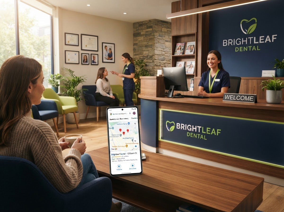 Local content writing — dental clinic with smartphone showing local service search results