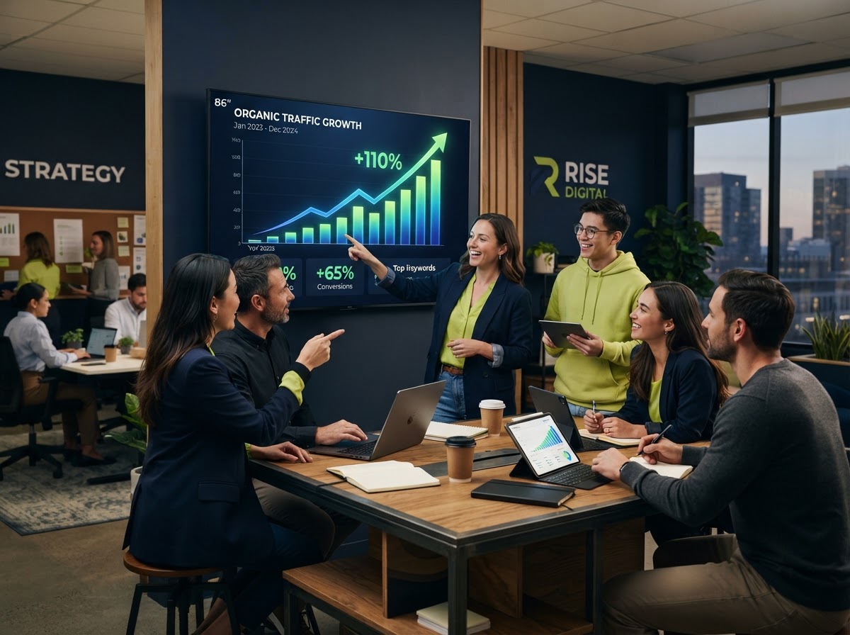 SEO Growth Package — marketing team collaborating around organic traffic growth chart