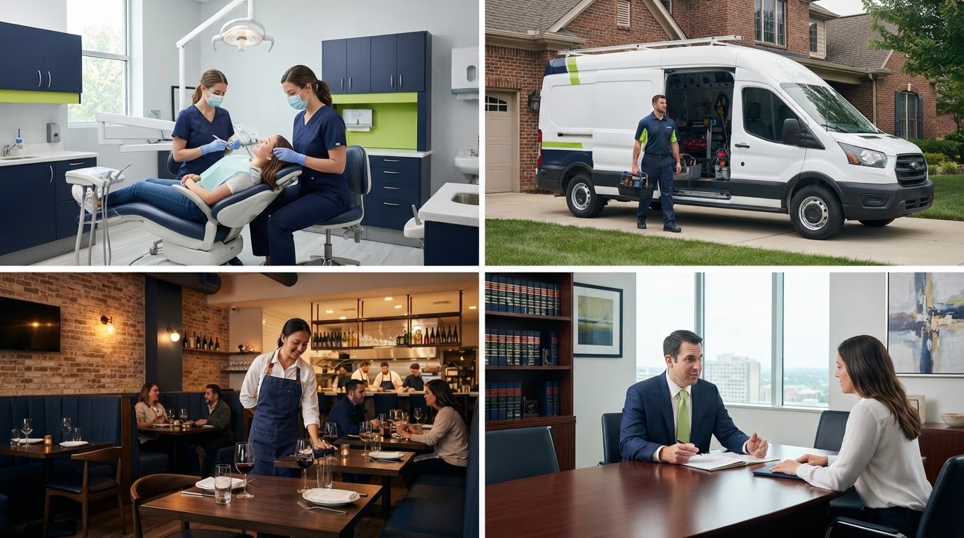 A collage of local business environments LocalRanky works with — dental clinic, plumbing, restaurant, law office
