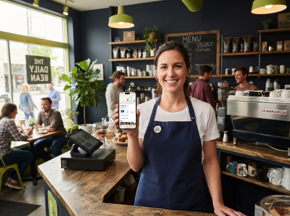 A local business owner checking their business on a local search and maps app on a smartphone