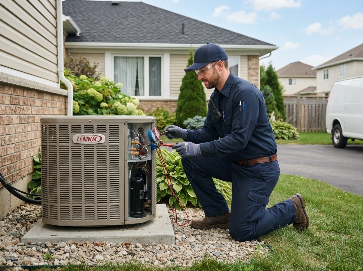 An HVAC technician inspecting a home air conditioning unit outside a suburban house