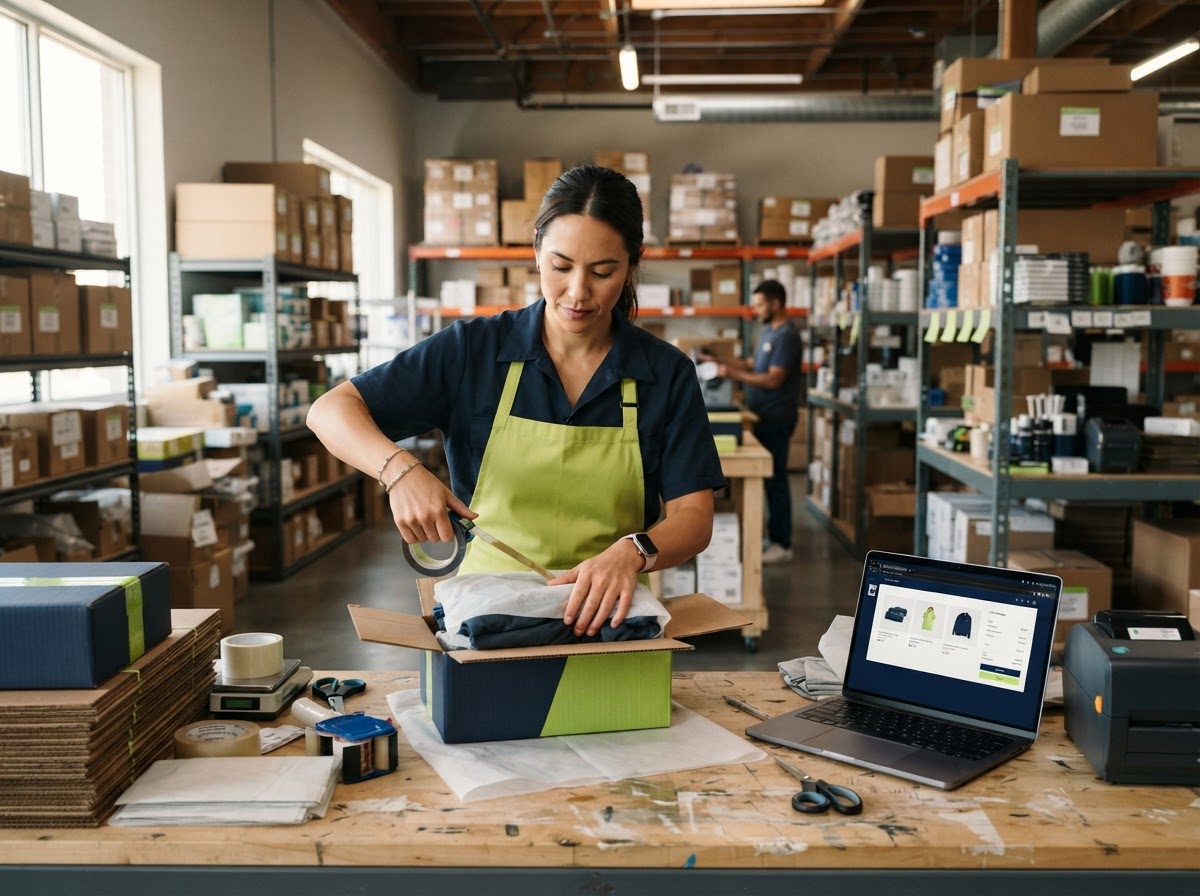 An e-commerce owner packing a shipment in a modern warehouse with an online store on a laptop