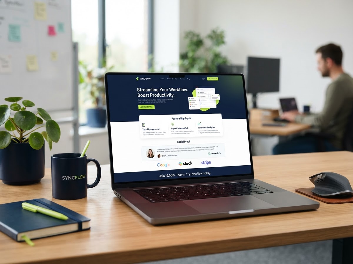 SaaS landing page design — value-prop hero, features, social proof, and sign-up CTA