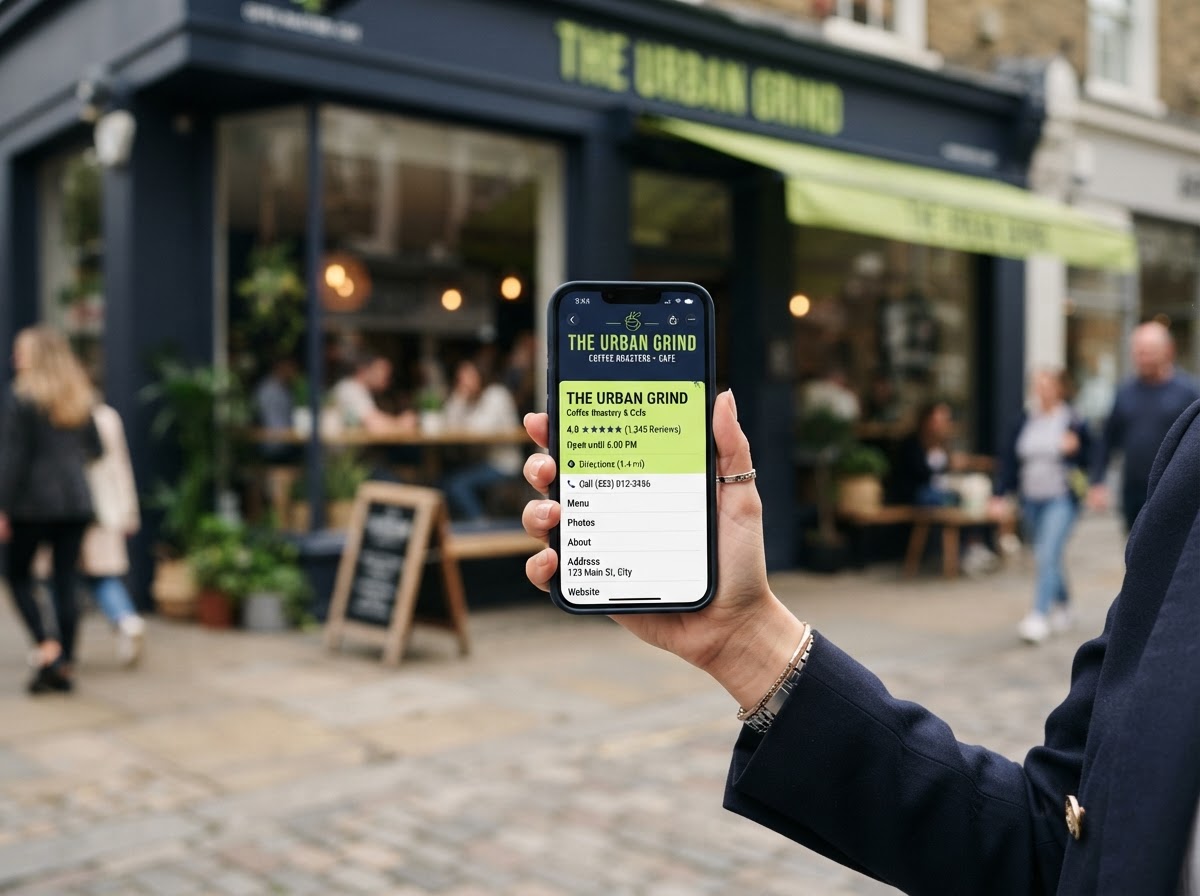 Google Business Profile optimization — smartphone showing business profile with reviews and directions