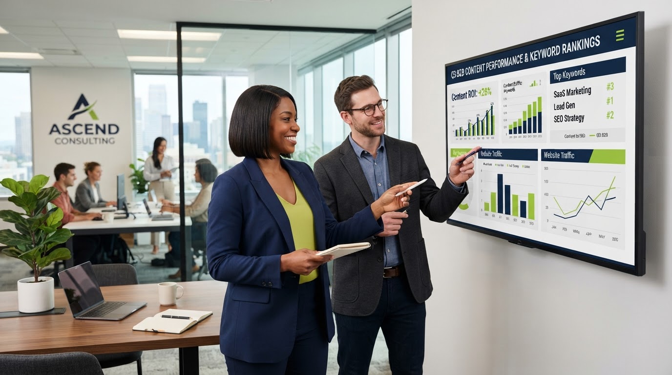Holloway & Co. professional services consultants reviewing a keyword ranking and content marketing dashboard on a large monitor