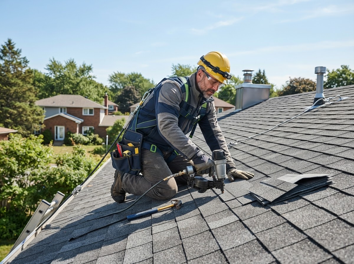 A professional roofer in safety gear working on a residential roof