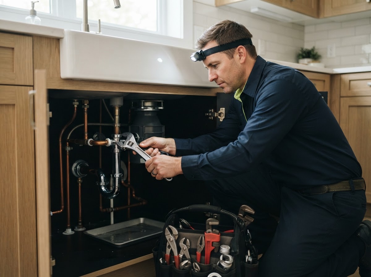 A plumber in uniform working inside a modern home