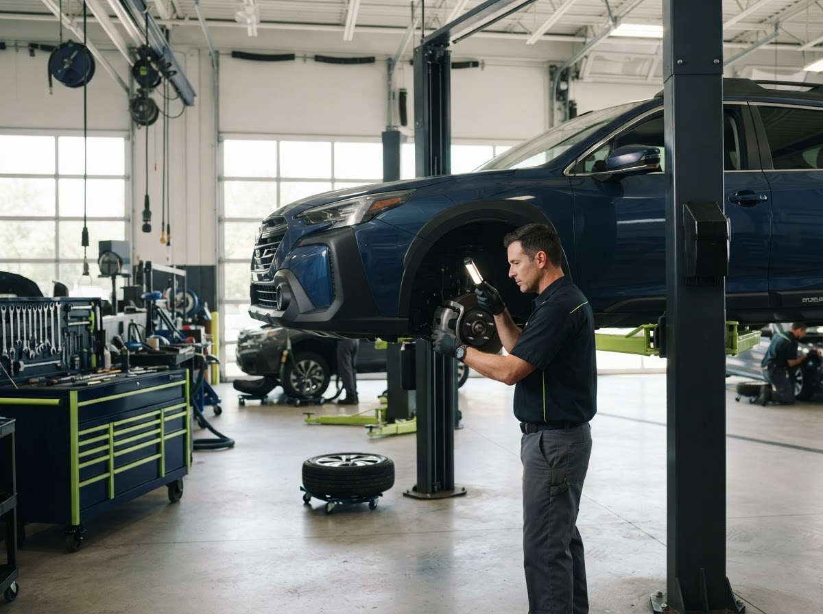 A modern automotive repair shop with a mechanic inspecting a vehicle