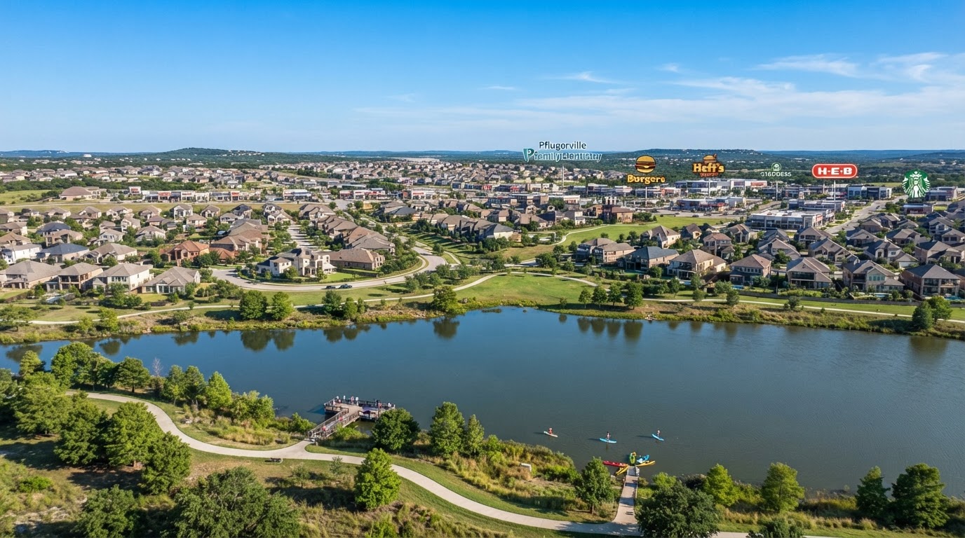 Pflugerville, Texas lakefront community with residential neighborhoods and small businesses