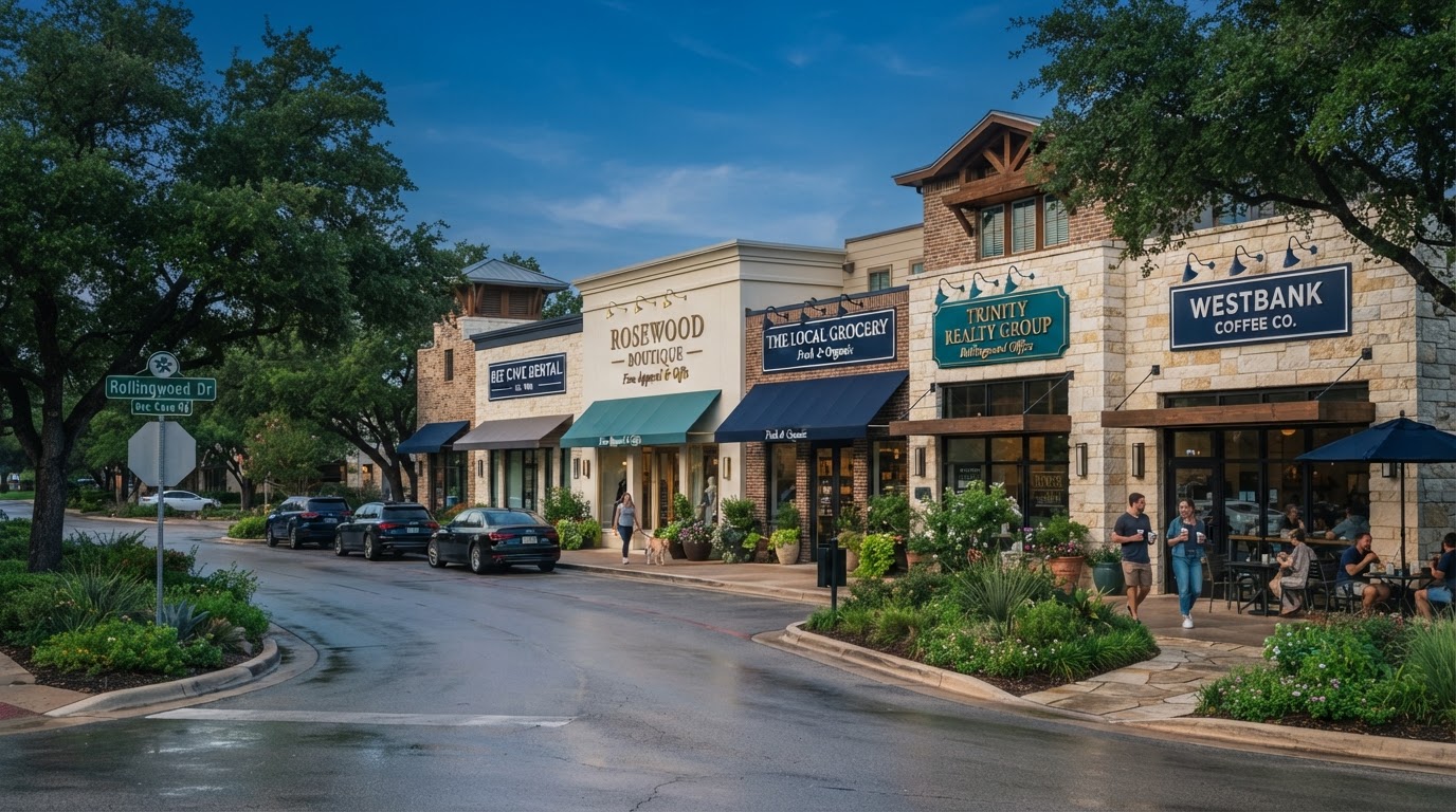 Rollingwood, Texas boutique enclave with charming local storefronts and office signage