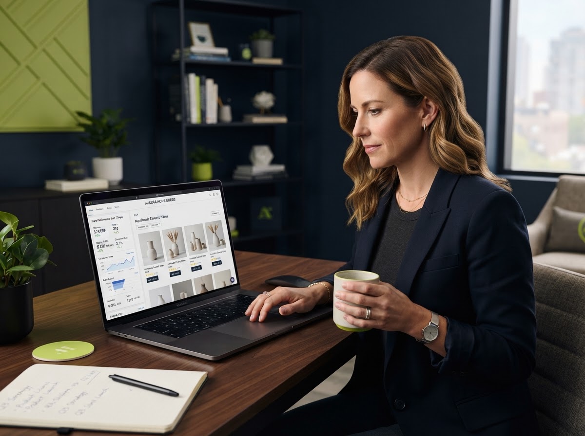 Ecommerce SEO — store owner reviewing product listings and organic sales analytics